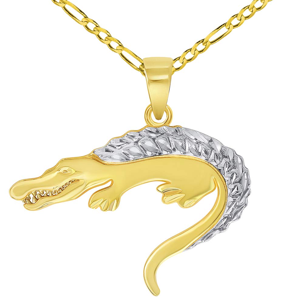 14k Yellow Gold Textured Two Tone Crocodile Reptile Animal Pendant with Figaro Chain Necklace