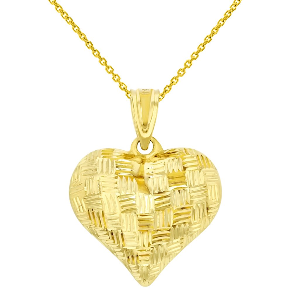 14K Yellow Gold 3D Textured Heart Charm Pendant Necklace