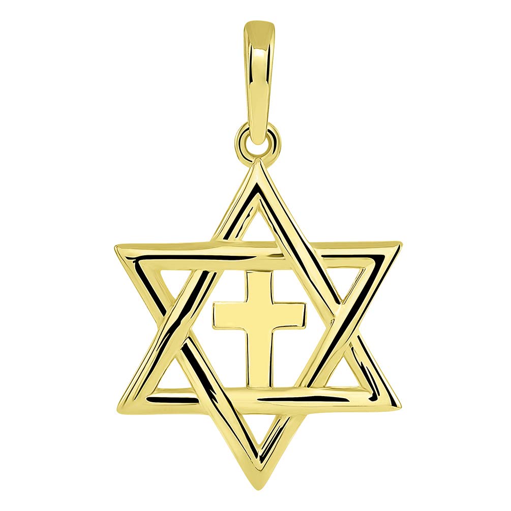 14k Yellow Gold Jewish Star of David with Religious Cross Judeo Christian Pendant (Small)