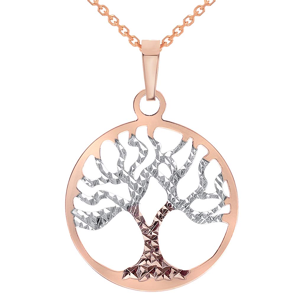 Solid 14k Gold Textured Reversible Round Tree of Life Pendant Necklace - Rose Gold