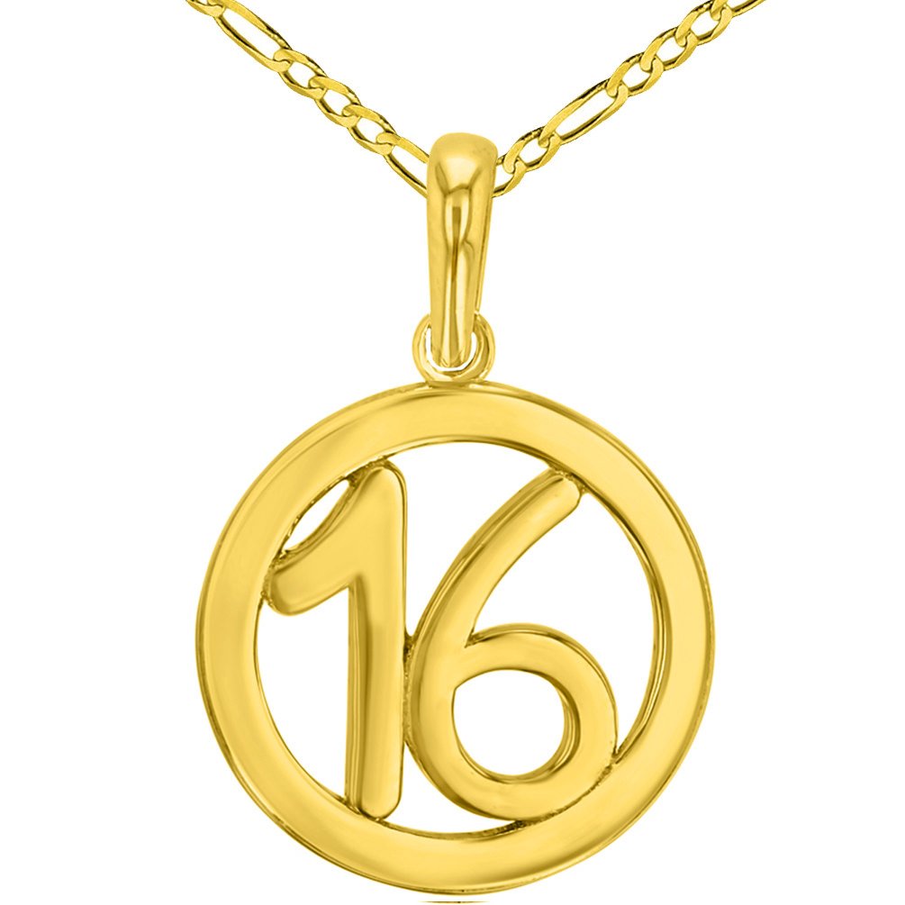 Solid 14K Yellow Gold Round Number Sixteen Charm Pendant with Figaro Chain Necklace