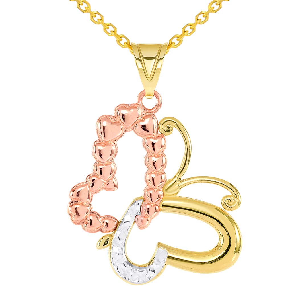 14k Yellow Gold and Rose Gold Dangling Sideways Tri-Tone Open Heart Butterfly Pendant Necklace