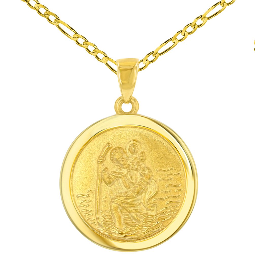 14k Gold Round Saint Christopher Medal Pendant Figaro Chain Necklace - Yellow Gold