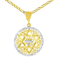 Load image into Gallery viewer, Solid 14K Yellow Gold Round Filigree Star of David with Chai Symbol Pendant Figaro Chain Necklace
