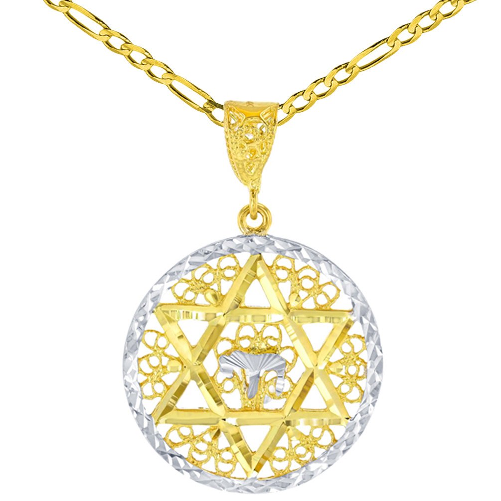 Solid 14K Yellow Gold Round Filigree Star of David with Chai Symbol Pendant Figaro Chain Necklace