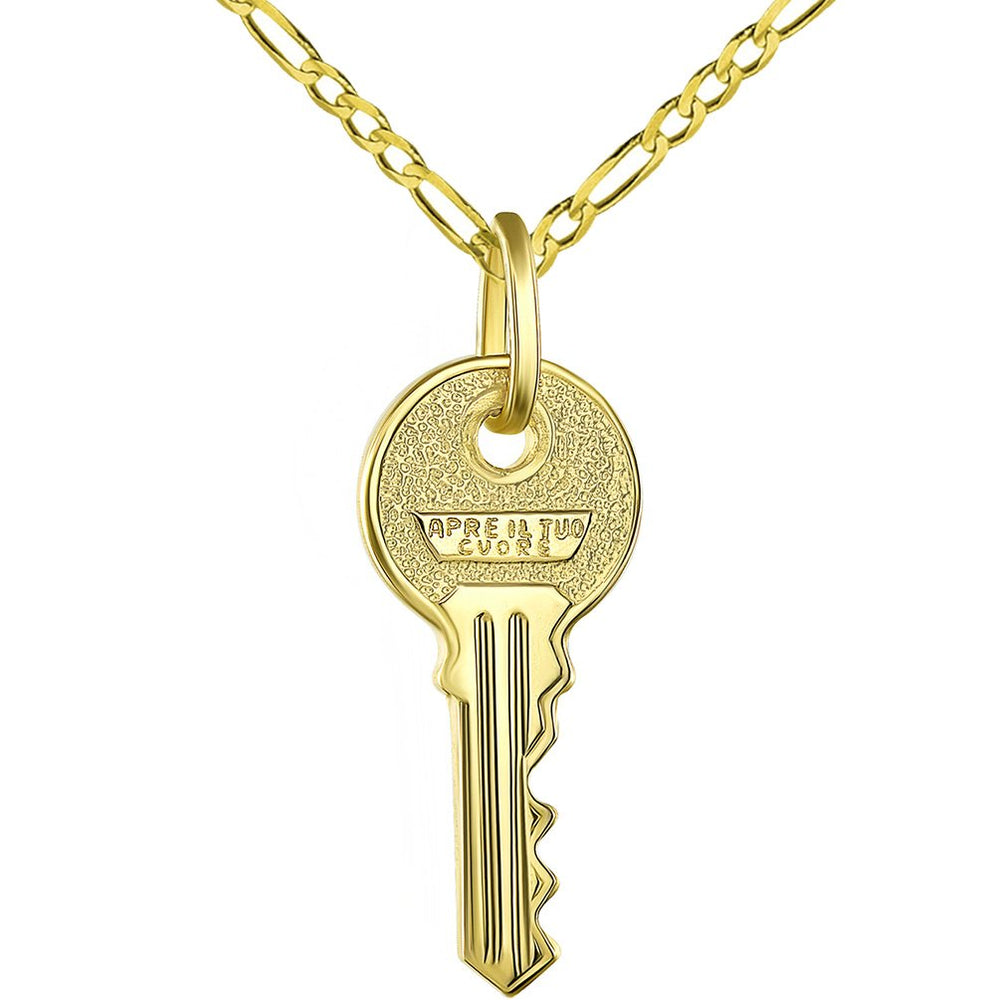 Solid 14K Yellow Gold Key with Apre il Tuo Cuore Charm Open Your Heart Pendant with Figaro Chain Necklace