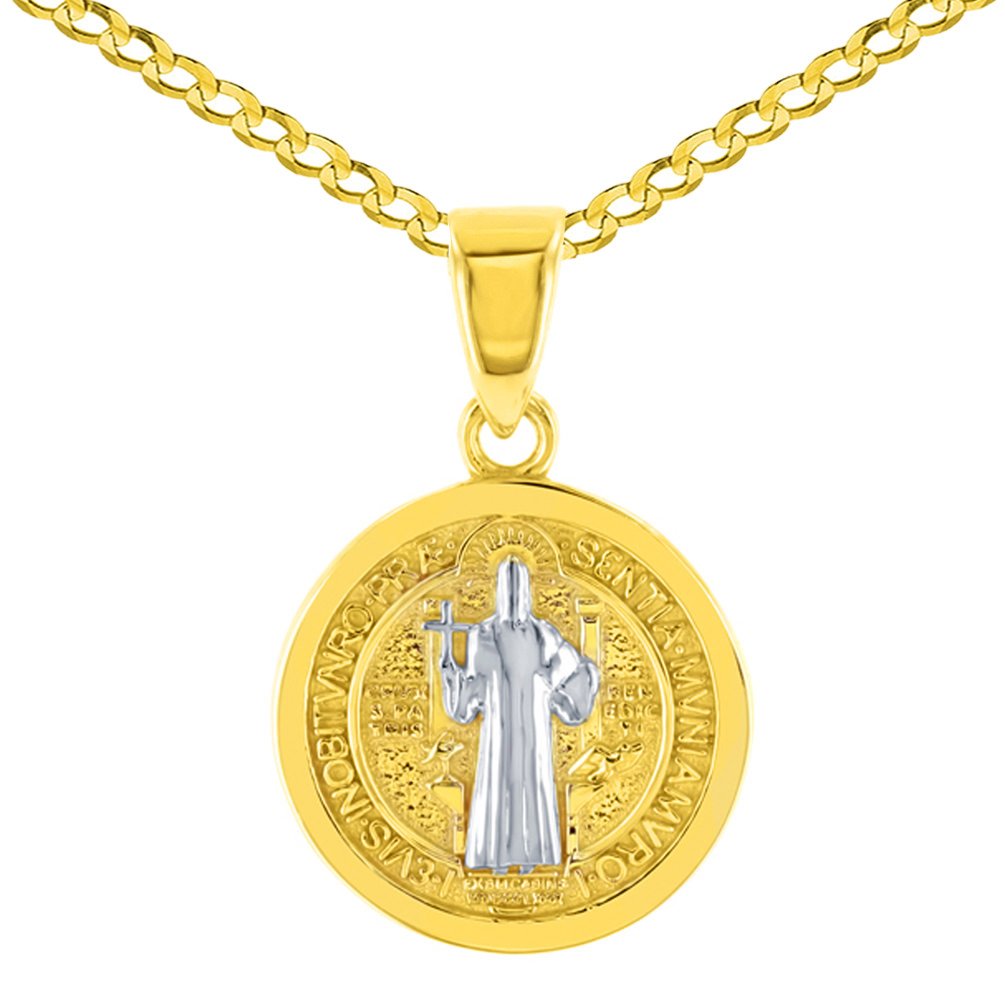 14K Solid Yellow Gold Polished St Benedict Medal Charm Saint Pendant Cuban Chain Necklace