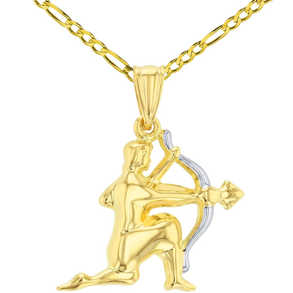 High Polished 14K Yellow Gold Sagittarius Zodiac Sign Charm Pendant Unique Figaro Chain Necklace