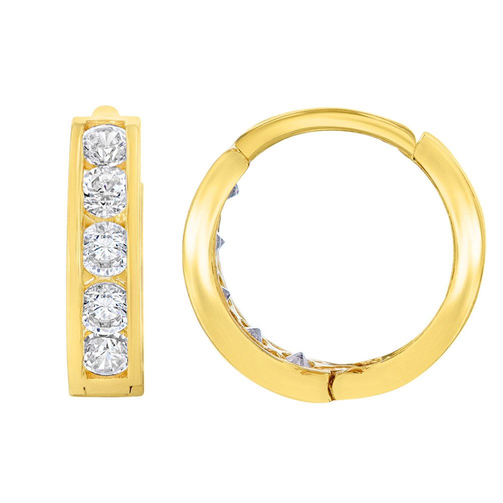 Solid 14K Yellow Gold CZ Studded Hoop Small Huggie Earrings, 2.5mm