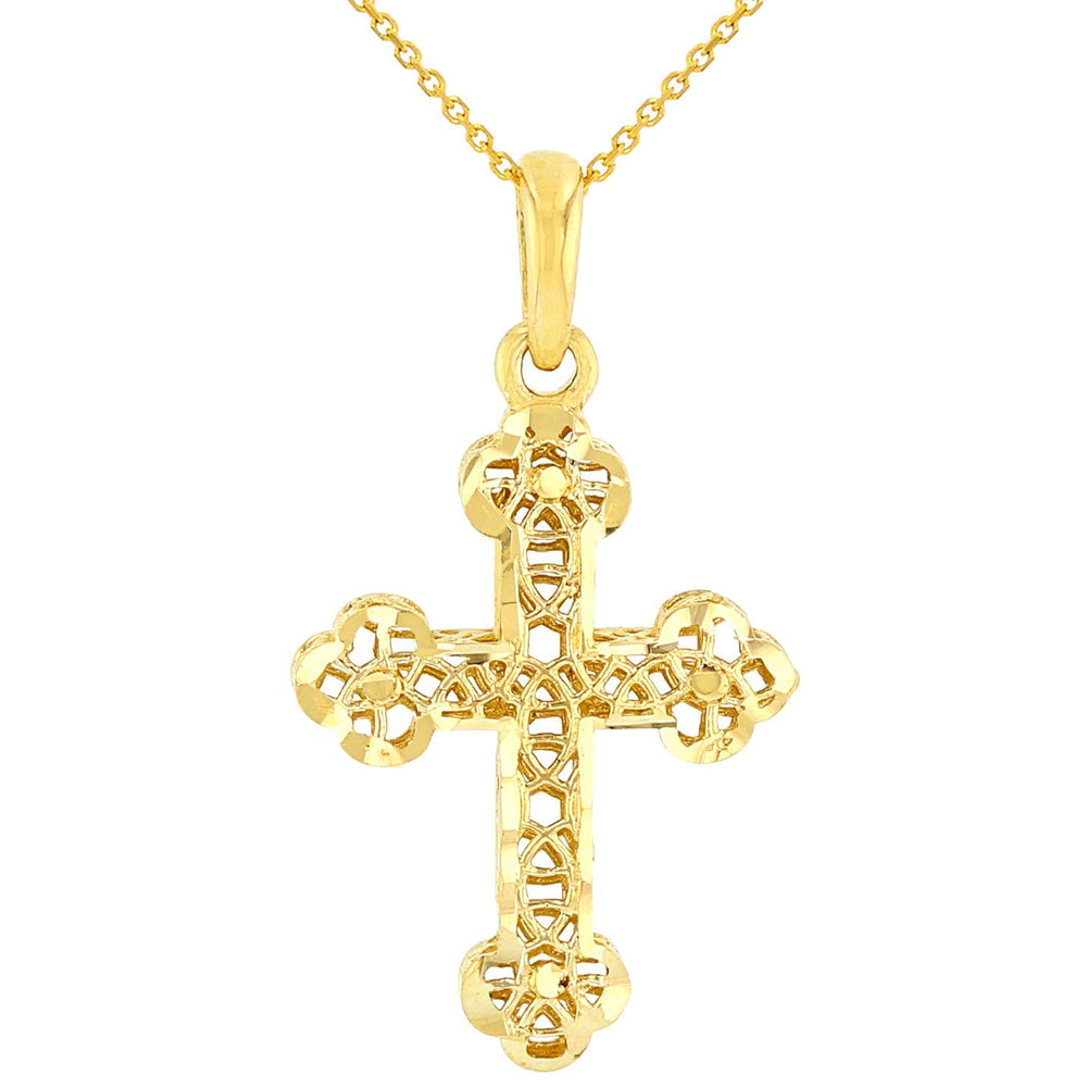 14k Yellow Gold Textured Filigree Christian Orthodox Cross Charm Pendant Necklace