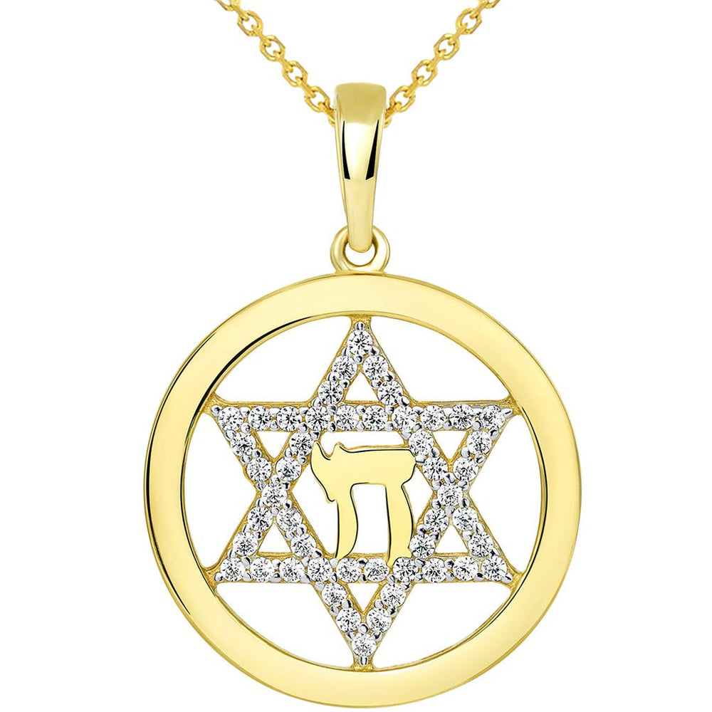 14k Yellow Gold Round CZ Jewish Star of David with Chai Symbol Pendant Necklace