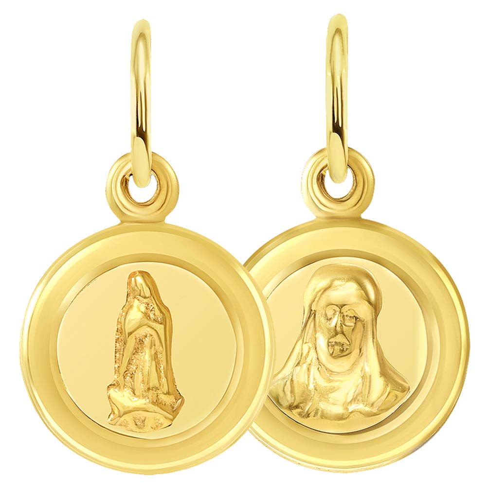14k Yellow Gold Mini Sacred Heart of Jesus and Guadalupe Medallion Charm Pendant (Reversible)