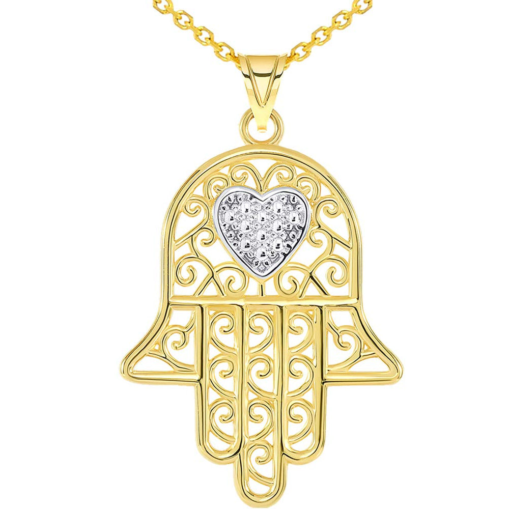 Solid 14k Yellow Gold Filigree-Style Hamsa Hand with Heart Pendant Rolo Cable Chain Necklace