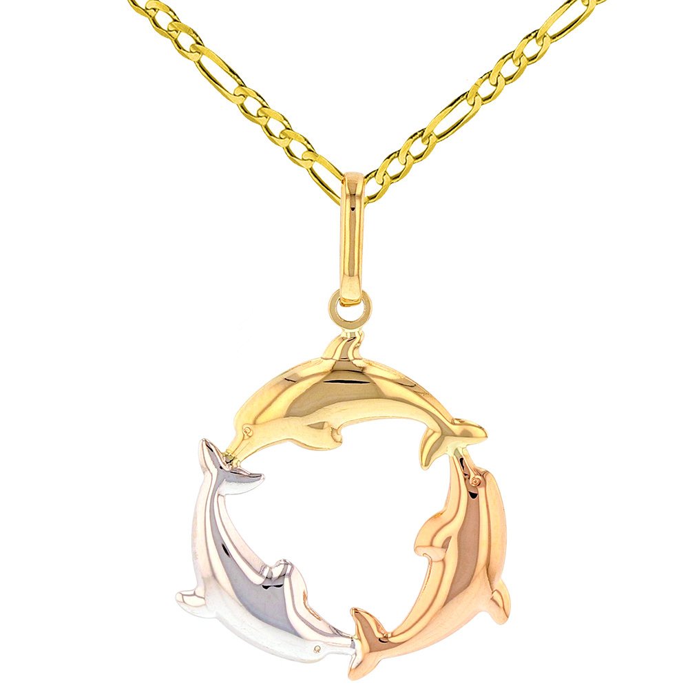 Gold Kissing Dolphin Circle Pendant Figaro Necklace