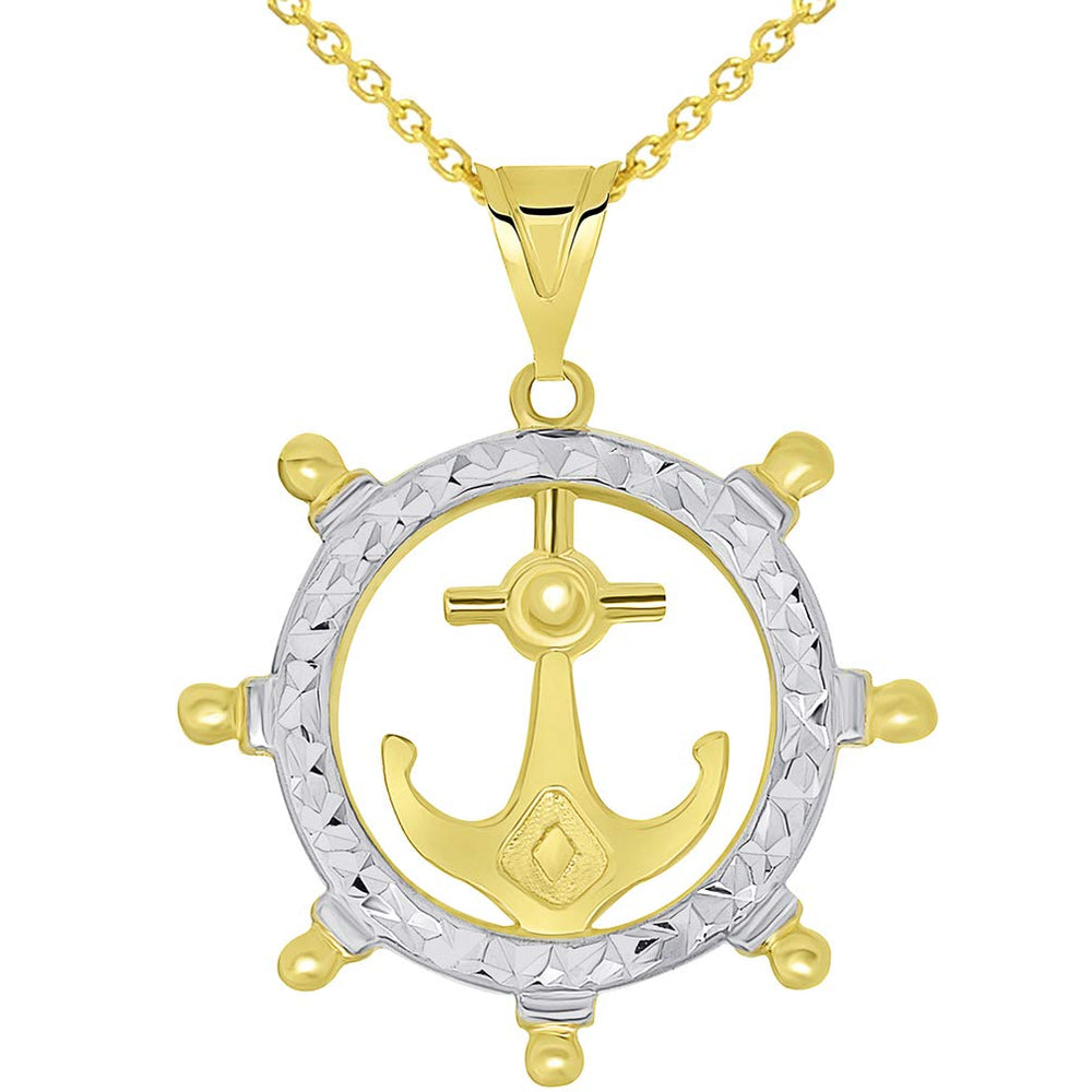 14k Gold Textured Two Tone Anchor Inside Ships Wheel Pendant Necklace Available with Rolo, Curb, or Figaro Chain Necklaces - Yellow Gold