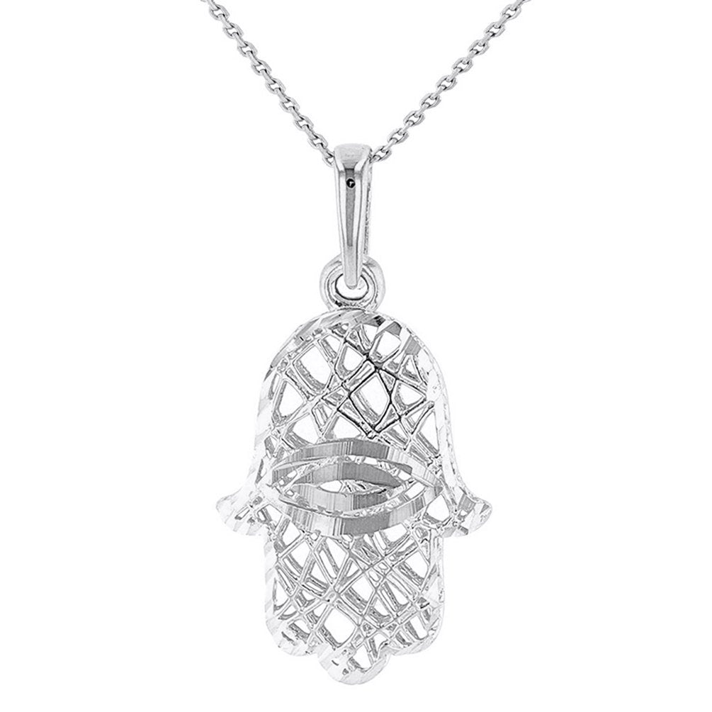 Textured 14K White Gold Hamsa Hand of Fatima with Evil Eye Pendant Necklace