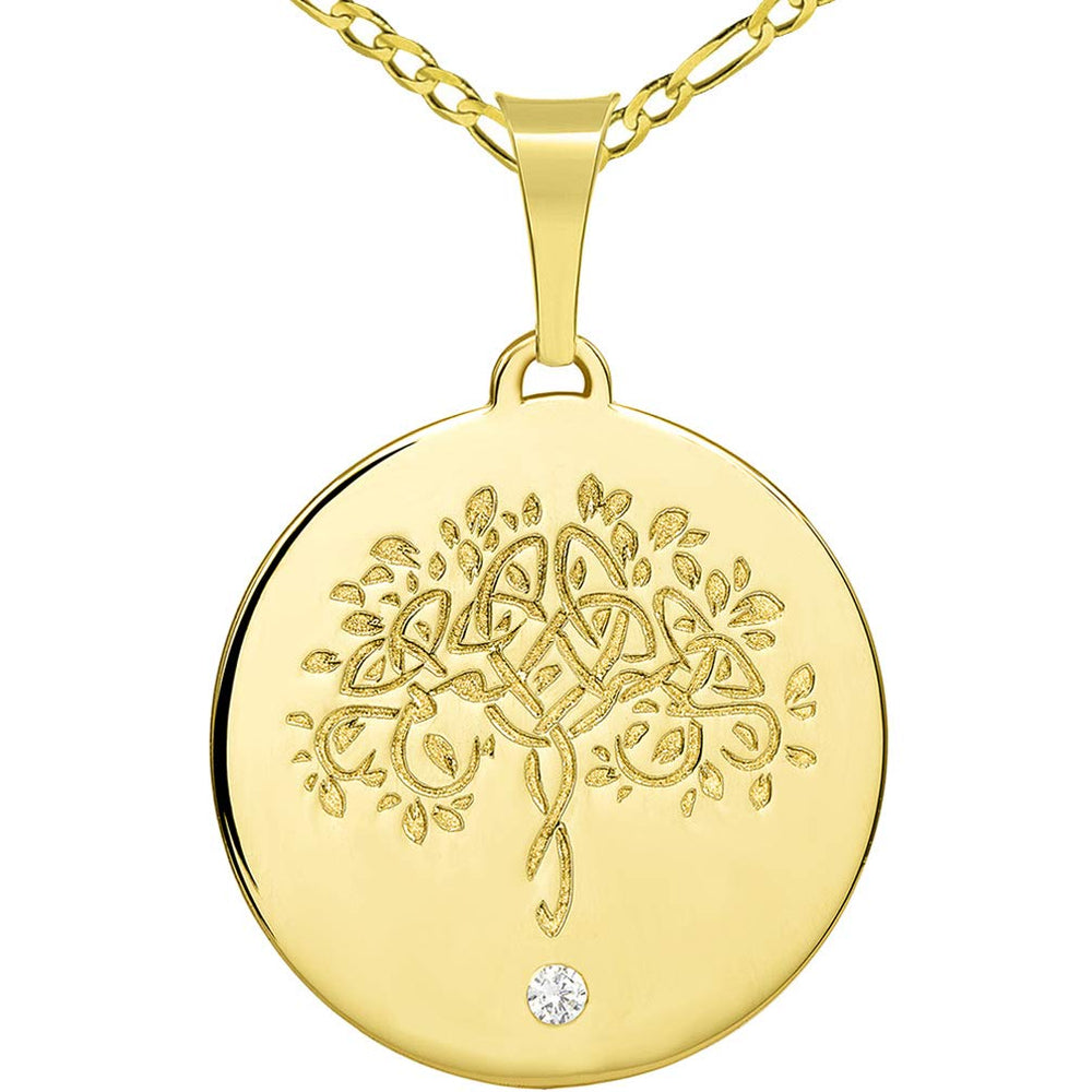 14k Solid Gold Hand Engraved Tree of Life CZ Round Medallion Pendant with Figaro Chain Necklace - Yellow Gold