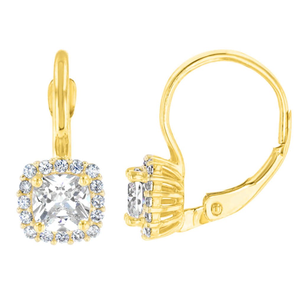 14K Gold Pave Square CZ Solitaire Dangling Drop Earrings - Yellow Gold