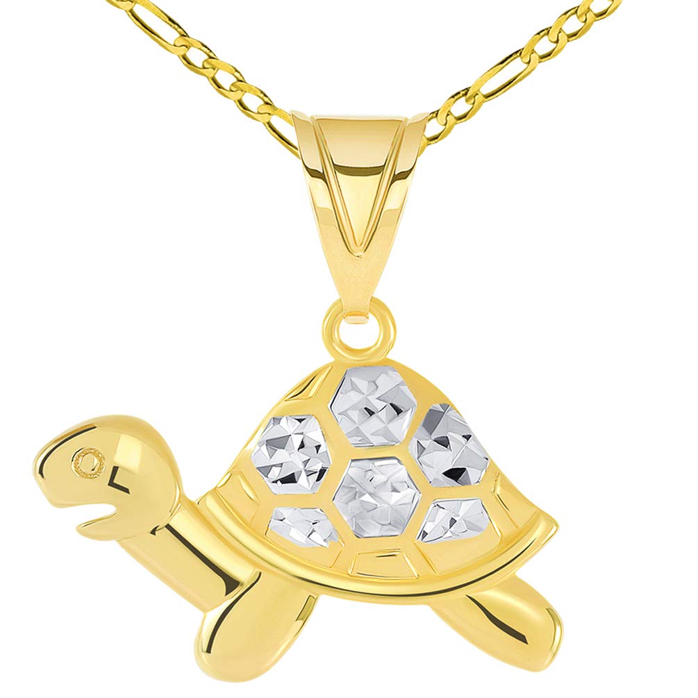 14k Yellow Gold Textured Sideview Two-Tone Turtle Charm Pendant with Figaro Chain Necklace