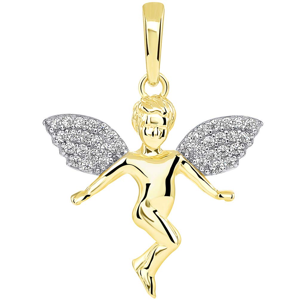 14k Yellow Gold Floating Guardian Angel with Micro Pave CZ Wings Pendant