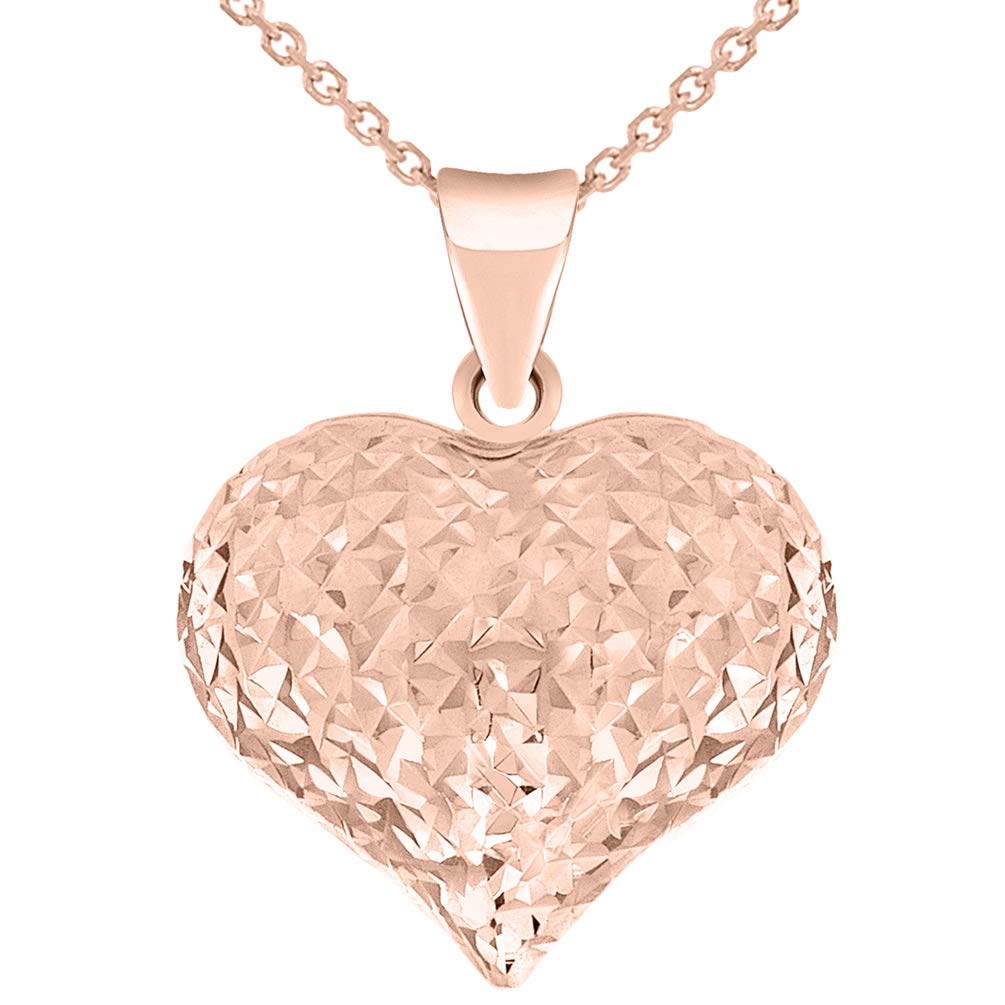 14karat Rose Gold Sparkle Cut Puffed Heart Charm Pendant Necklace