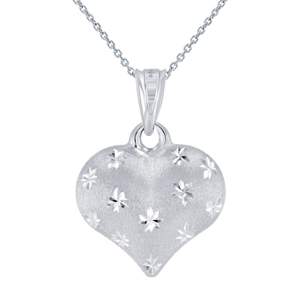 Polished 14K White Gold Satin Heart with Star Texture Charm Pendant Necklace