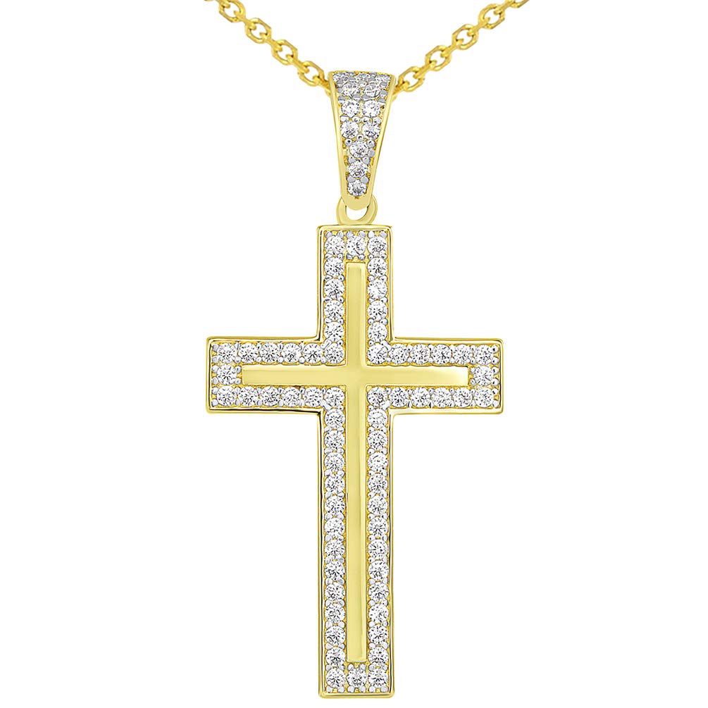 14k Yellow Gold Cubic Zirconia Elegant Traditional Latin Cross Pendant Necklace