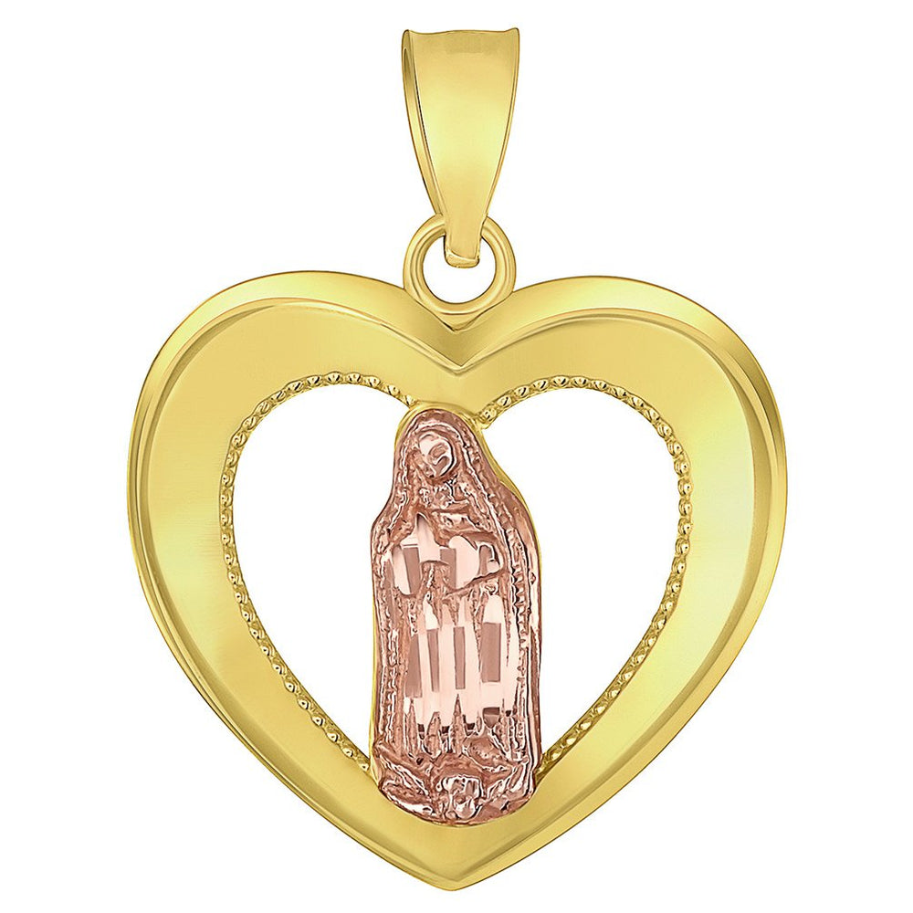 14K Yellow Gold and Rose Gold Heart Shaped Saint Virgin Mary Guadalupe Charm Pendant