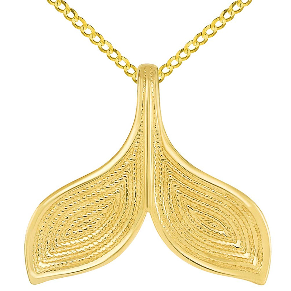 14k Yellow Gold Elegant Reversible Whale Tail Charm Pendant with Curb Chain Necklace
