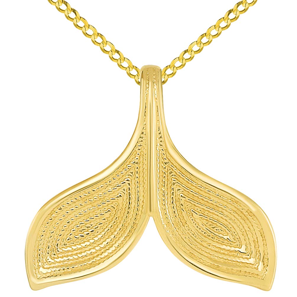 14k Yellow Gold Elegant Reversible Whale Tail Charm Pendant with Curb Chain Necklace
