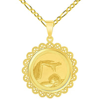 Load image into Gallery viewer, 14k Yellow Gold Religious Baptism Christening On Round Ornate Medal Pendant with Figaro Chain Necklace
