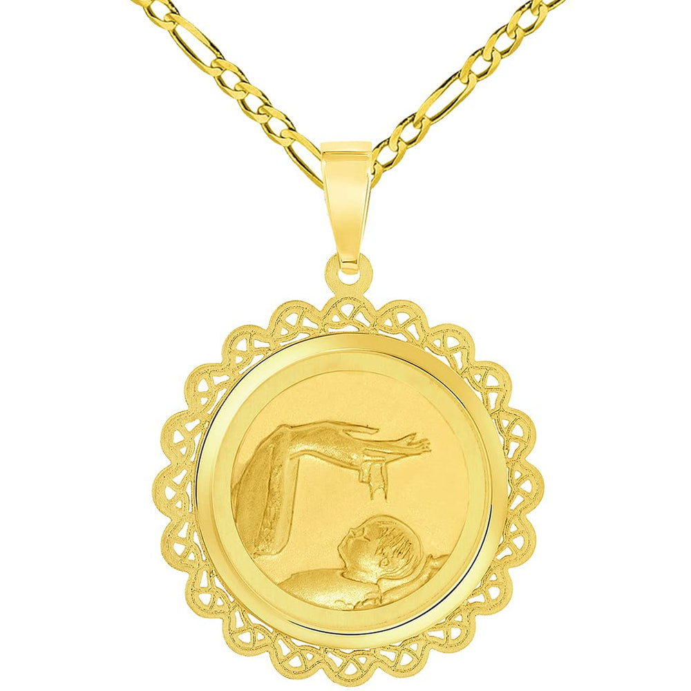 14k Yellow Gold Religious Baptism Christening On Round Ornate Medal Pendant with Figaro Chain Necklace