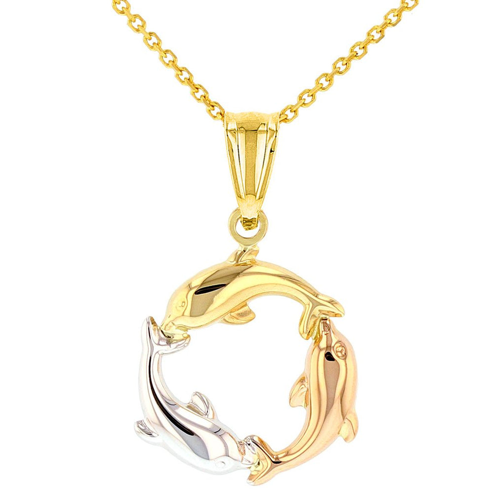 Polished 14K Tri-Color Gold Kissing Dolphin Circle Pendant Necklace