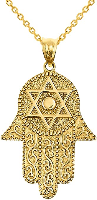 14k Solid Yellow Gold Hamsa Hand with Star of David Pendant Necklace