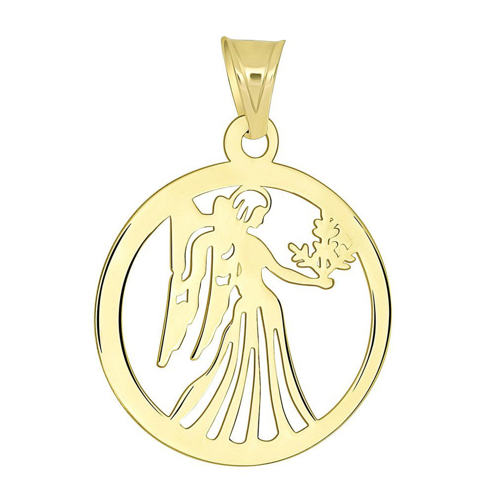 14k Yellow Gold Dainty Round Virgo Holding Wheat Zodiac Sign Cut-Out Disc Pendant
