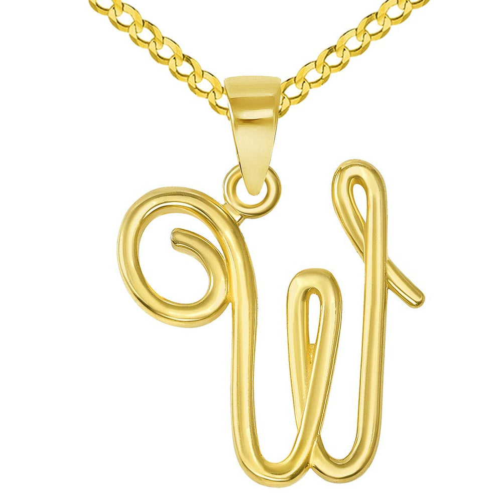 14k Yellow Gold Elegant Script Letter W Cursive Initial Pendant with Concave Cuban Link Curb Chain Necklace