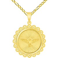 Load image into Gallery viewer, 14k Yellow Gold Holy Spirit Dove Religious Round Ornate Medal Pendant with Figaro Chain Necklace
