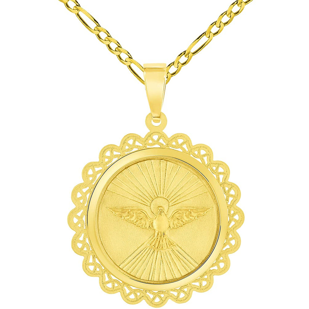 14k Yellow Gold Holy Spirit Dove Religious Round Ornate Medal Pendant with Figaro Chain Necklace