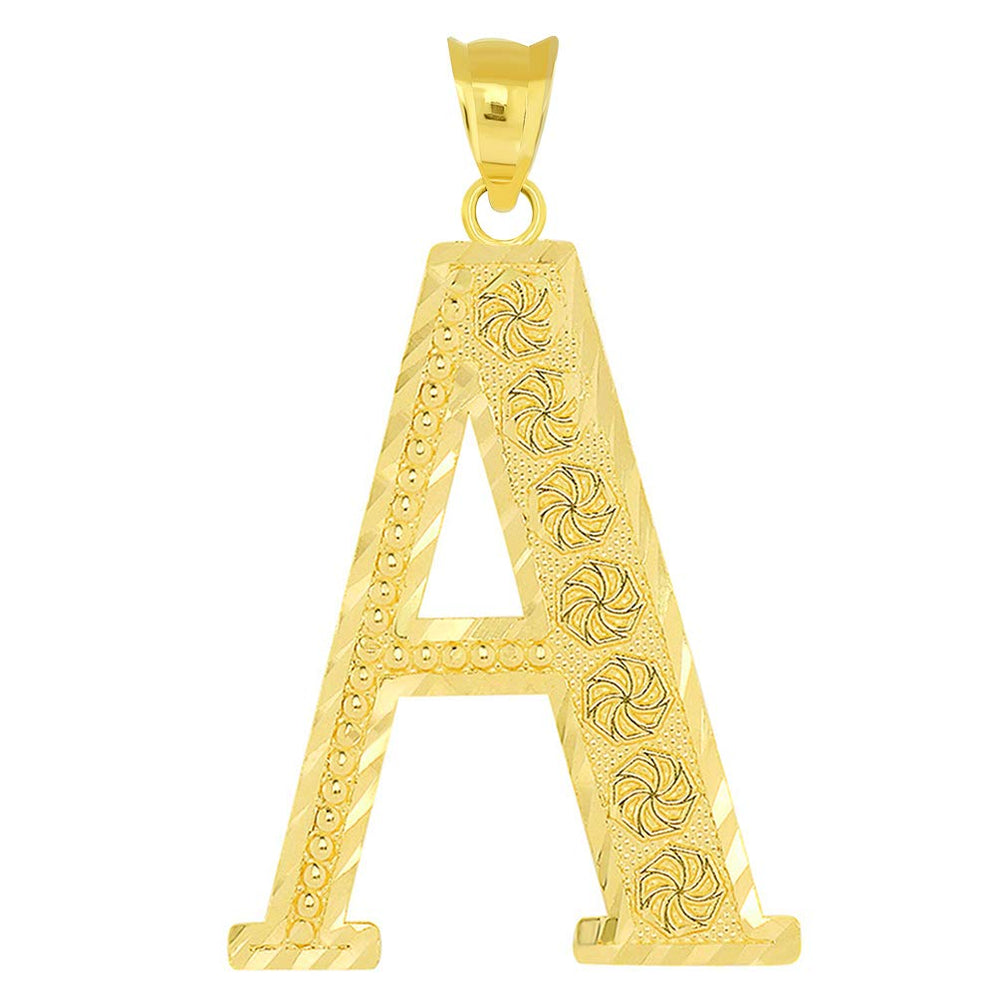 14k Yellow Gold Textured Uppercase Initial A Letter Pendant with Eternity Symbols 1 inch
