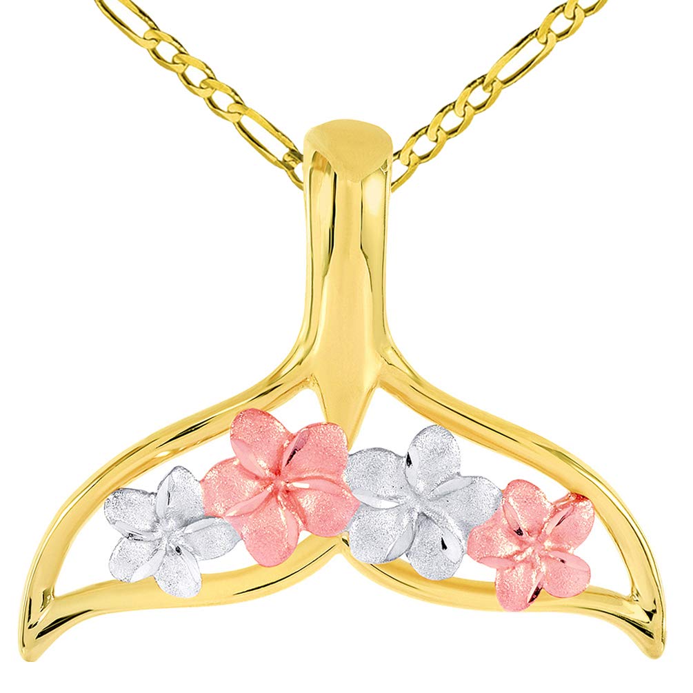 14k Yellow and Rose Gold Open Tri-Tone Whale Tail with Hawaiian Plumeria Flower Pendant Figaro Chain Necklace