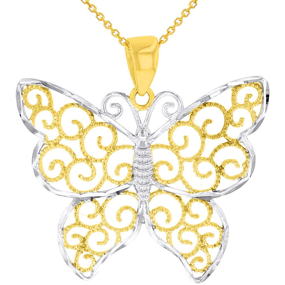 14k Yellow Gold Textured Filigree Style Butterfly Pendant Necklace