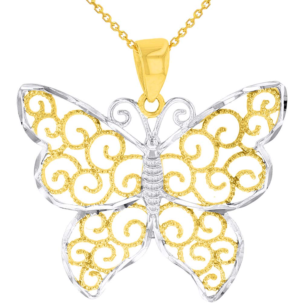 14k Yellow Gold Textured Filigree Style Butterfly Pendant Necklace