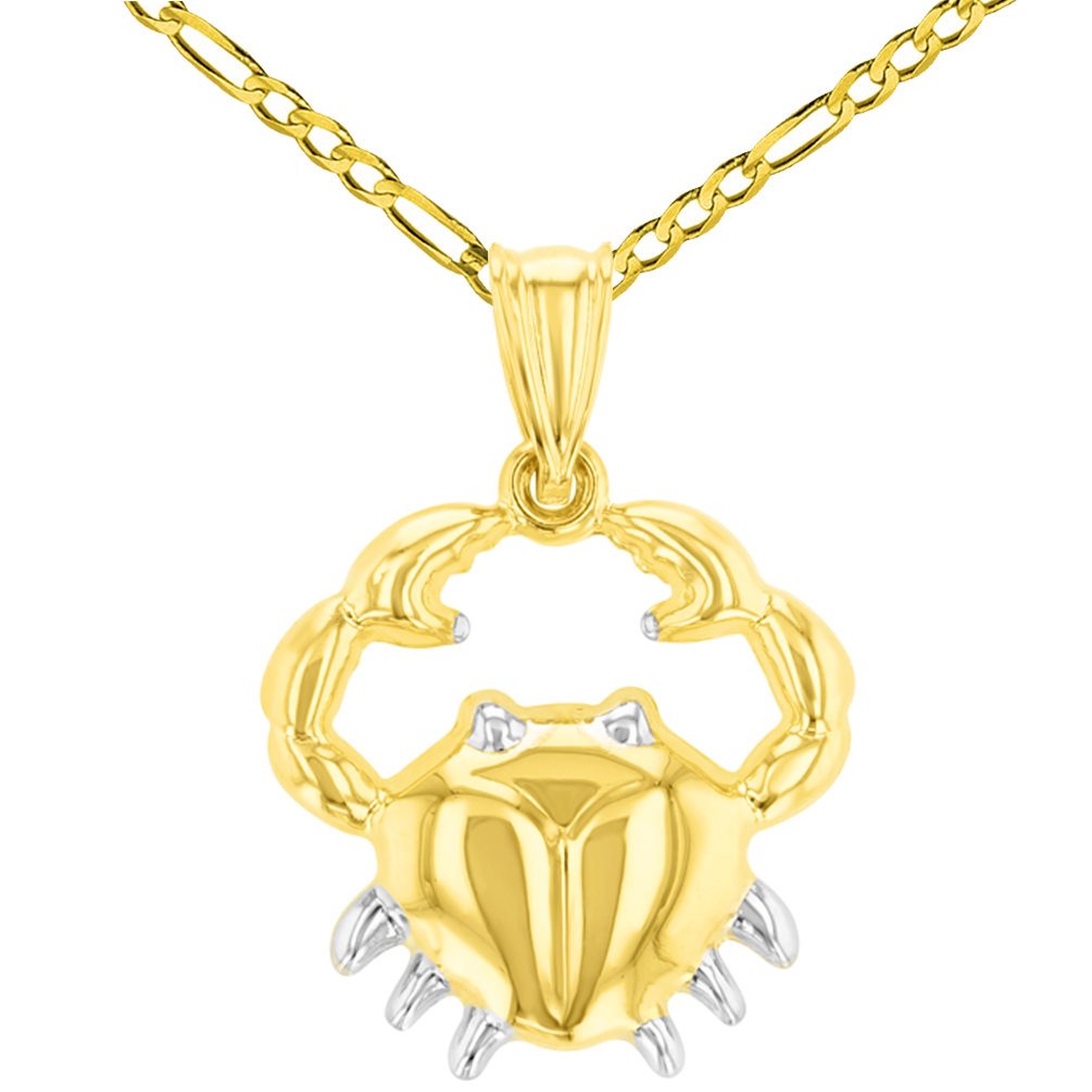 High Polished Handcrafted 14K Yellow Gold Cancer Zodiac Sign Unique Pendant Crab Charm Figaro Chain Necklace