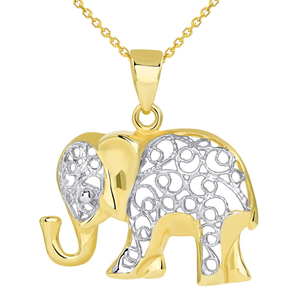 14k Yellow Gold Elegant Filigree Two Tone Elephant Pendant Necklace