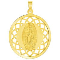 Load image into Gallery viewer, 14k Yellow Gold Round Open Ornate Miraculous Medal of Our Lady of Guadalupe Pendant Necklace
