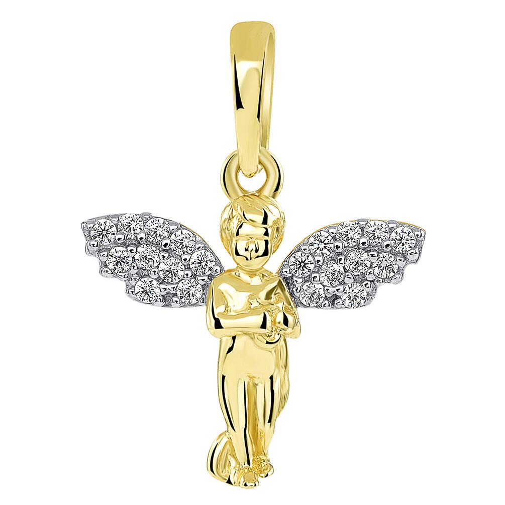 14k Yellow Gold Guardian Angel Playing Harp with Micro Pave CZ Wings Pendant (Small)