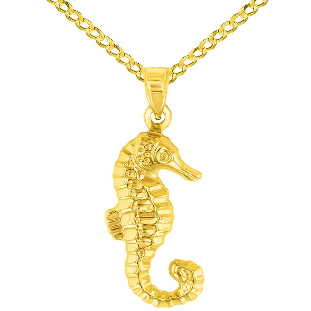 High Polish 14K Yellow Gold 3D Seahorse Charm Animal Pendant Necklace