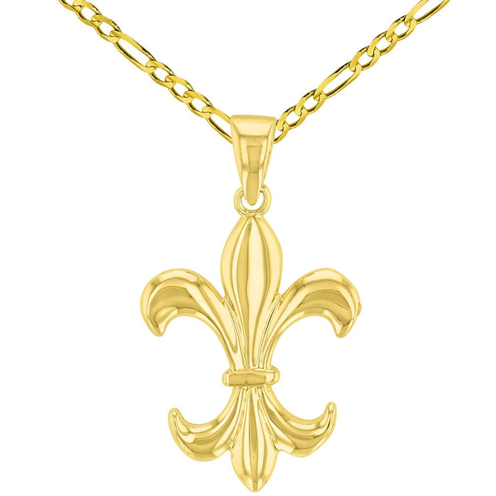 14K Solid Yellow Gold Simple Fleur de Lis Charm Pendant with Figaro Necklace