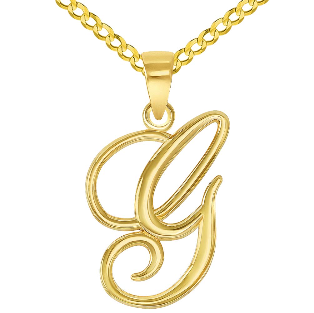 14k Yellow Gold Elegant Script Letter G Cursive Initial Pendant with Concave Cuban Link Curb Chain Necklace