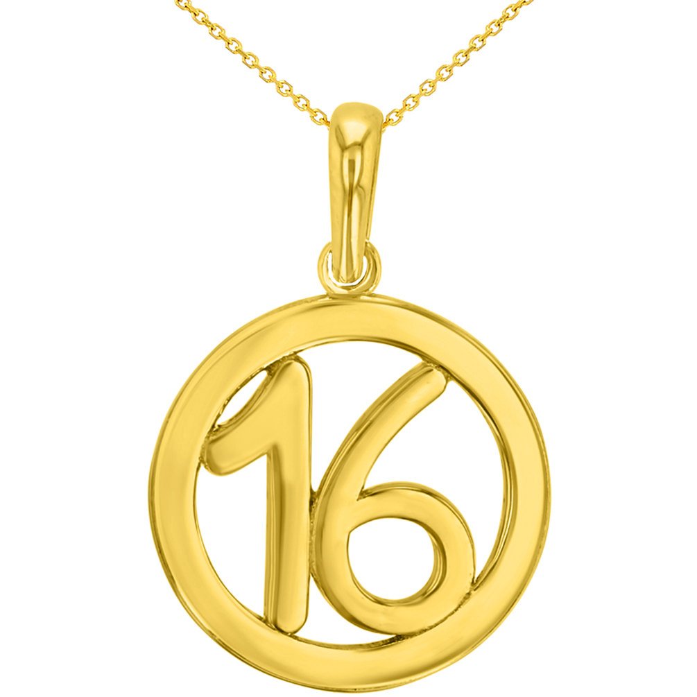 Solid 14K Yellow Gold Round Number Sixteen Charm Pendant Necklace